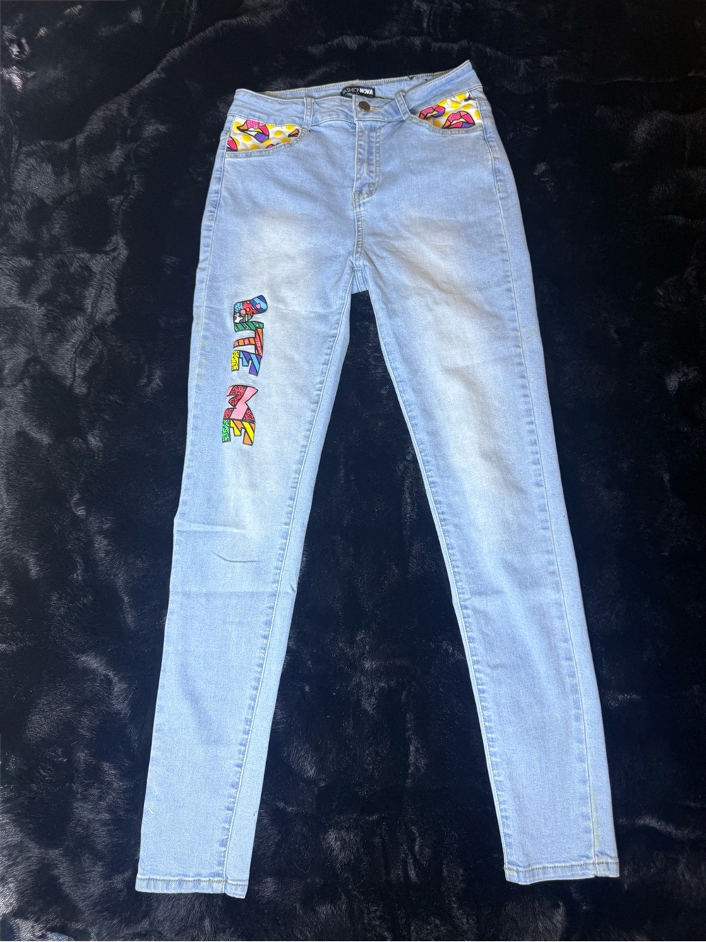 Fashion Nova Light Blue Skinny Jeans with Colorful Patchwork